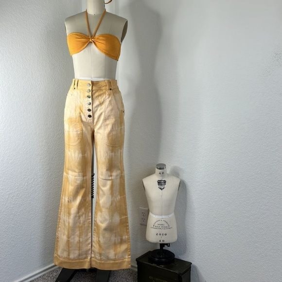 Ulla Johnson  Milo Jean in Wheat Tie Dye Wide Leg Button Front High Waist Trouse - Picture 9 of 12